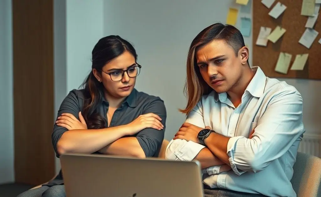 The couple at laptop, arms crossed, skeptical expressions, notes pinned around them