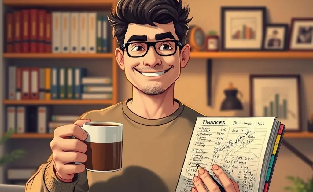 Alex with a smug smile, holding a coffee in one hand and their managing finances notebook in the other