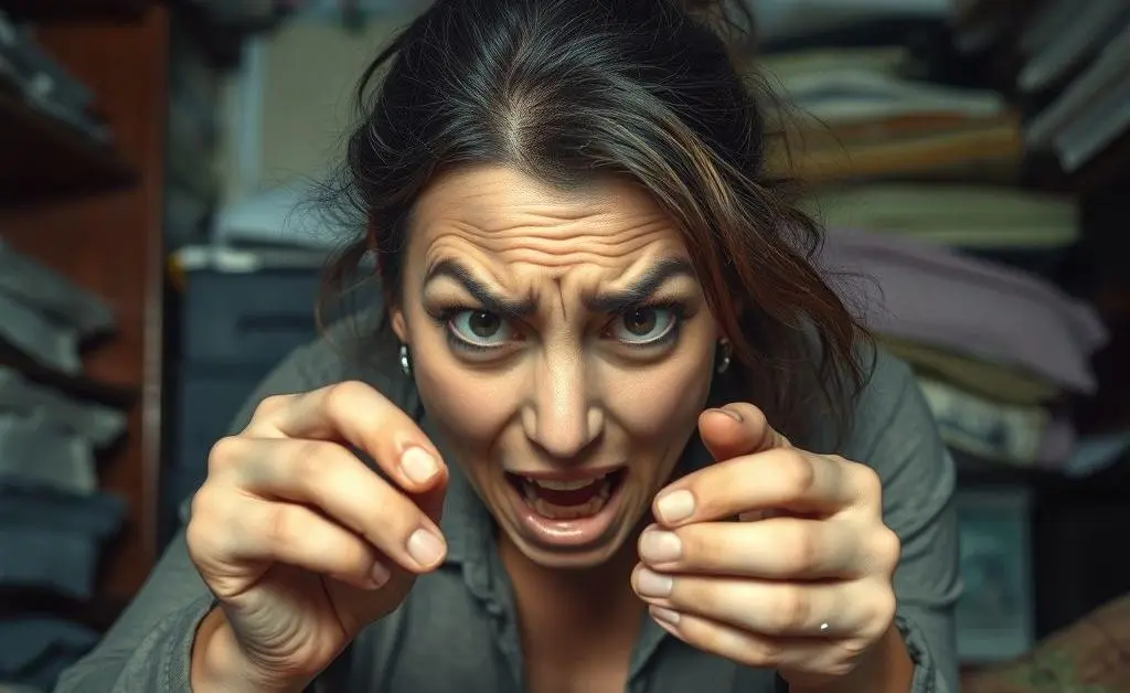 Julie scraping together coins with an exaggeratedly stressed face