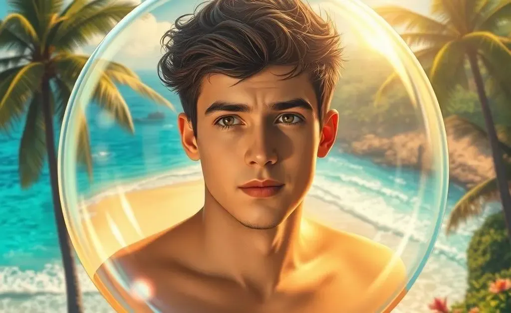 Max in a dream bubble, picturing a tropical vacation he can't afford