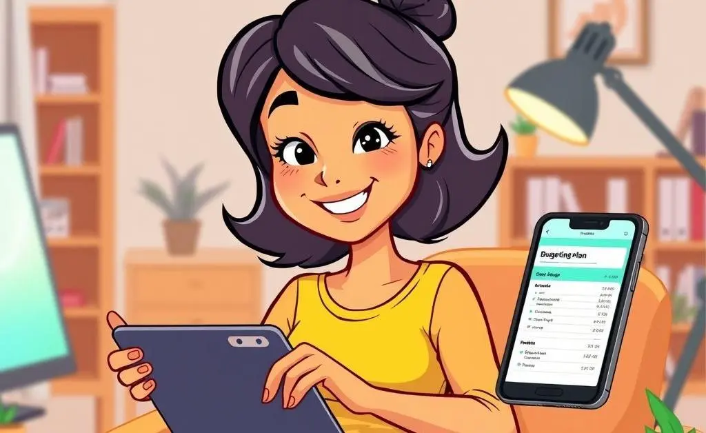 A woman smiling while using a budgeting app