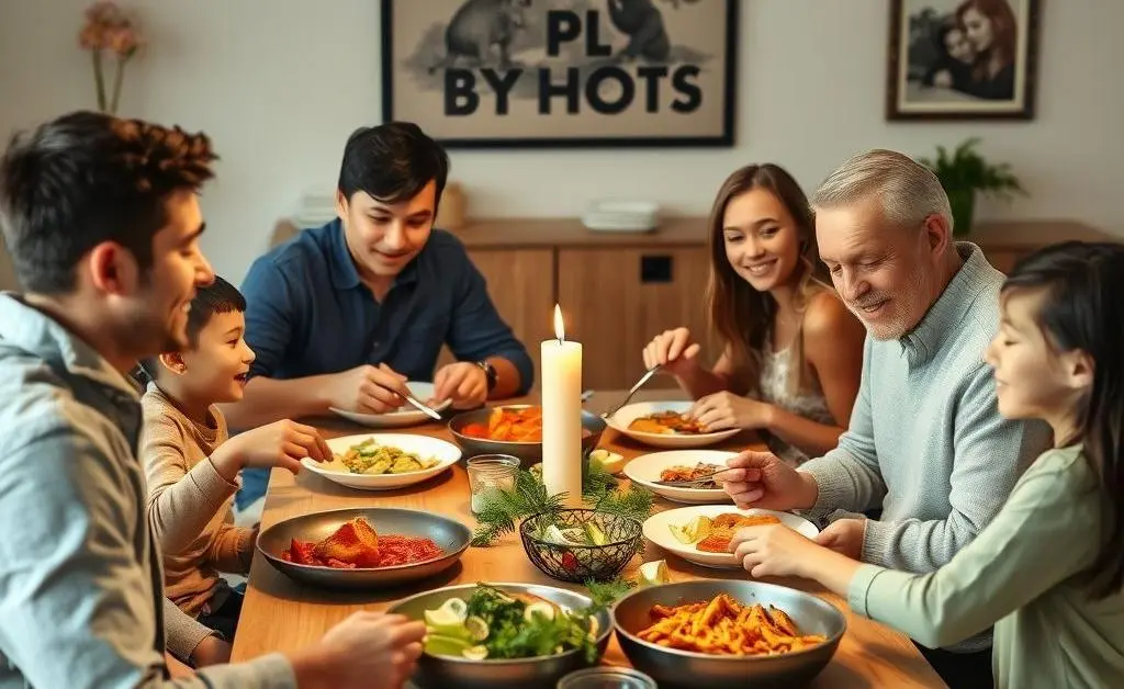 A group of friends gathered around a dining table, meal prepping together and laughing