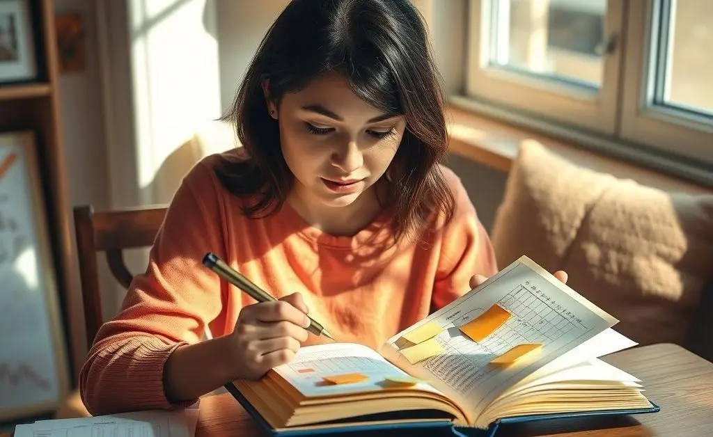 Mia brainstorming with a notebook, jotting down necessary versus unnecessary spending