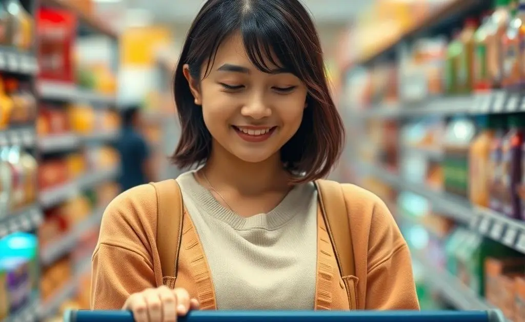Mia looking relieved as her cart total decreases