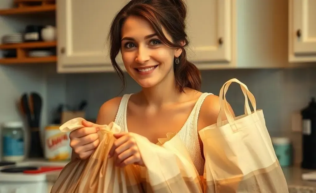 Mia unpacks groceries at home.