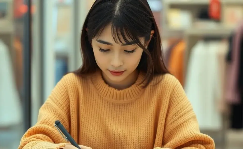 Mia creatively transforms her shopping habit, writing a wishlist on paper with a thoughtful expression.