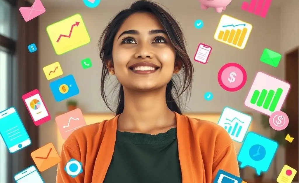 Mia surrounded by apps and money-saving tools, looking more hopeful