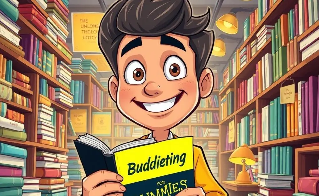 Cartoon-style Max in a bookstore, holding a 'Budgeting for Dummies' book with a newfound determined look.