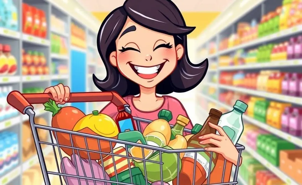 Cartoon of a woman looking at a prioritized shopping cart.