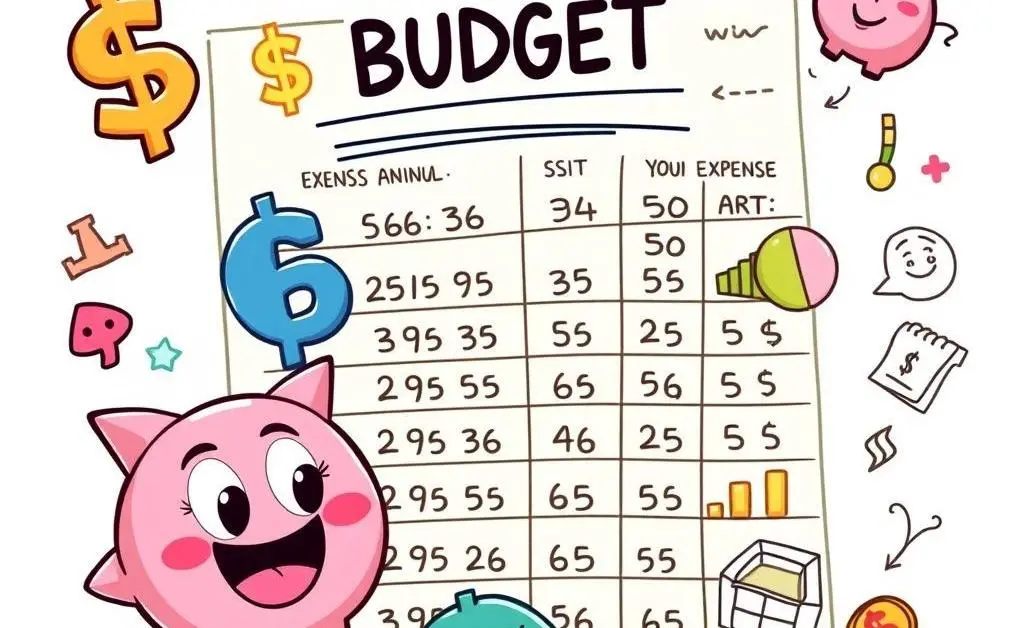 Cartoon spreadsheet with colorful, organized sections for budgeting