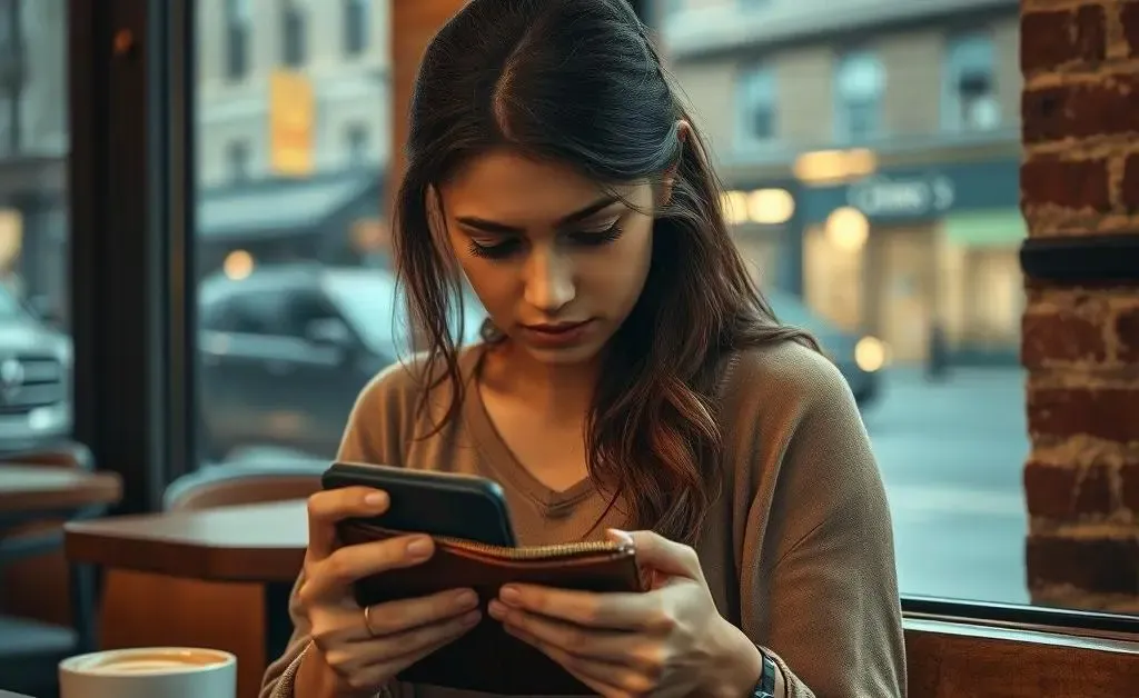 Woman looking distressed as she searches her wallet for change at a café