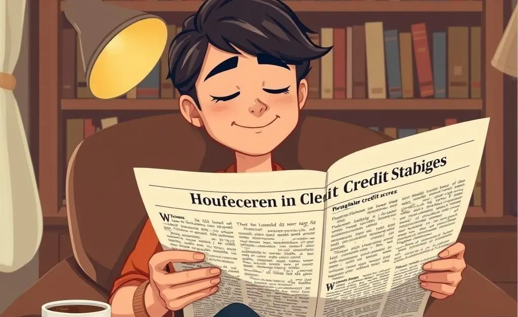 A character, looking relieved, reads an article on credit utilization and its impact on credit scores.