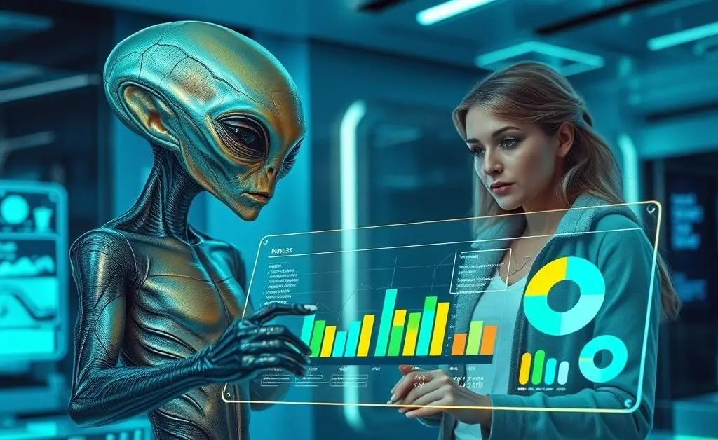 Aliens and woman creating a budget chart together
