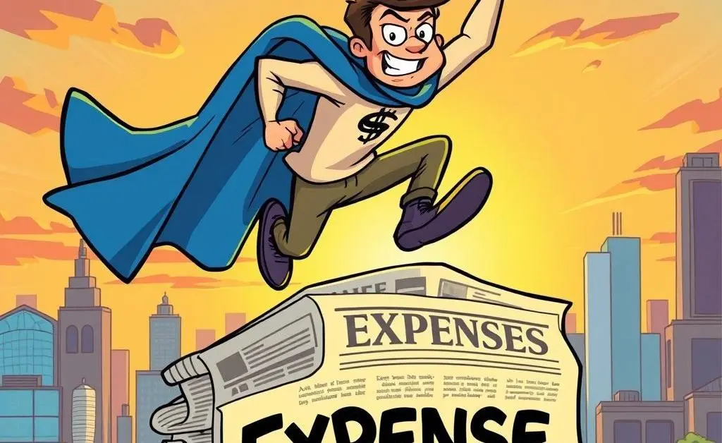 A person wearing a superhero cape and tackling a newspaper pile labeled 'Expenses'