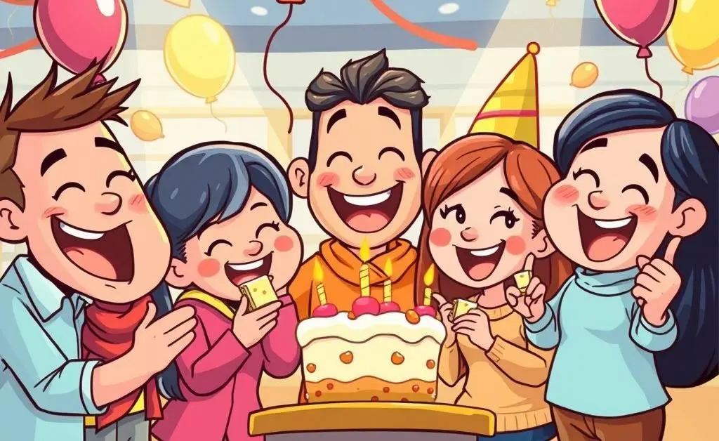 Cartoon of a team celebrating with a small cake, but each person gets just a crumb.