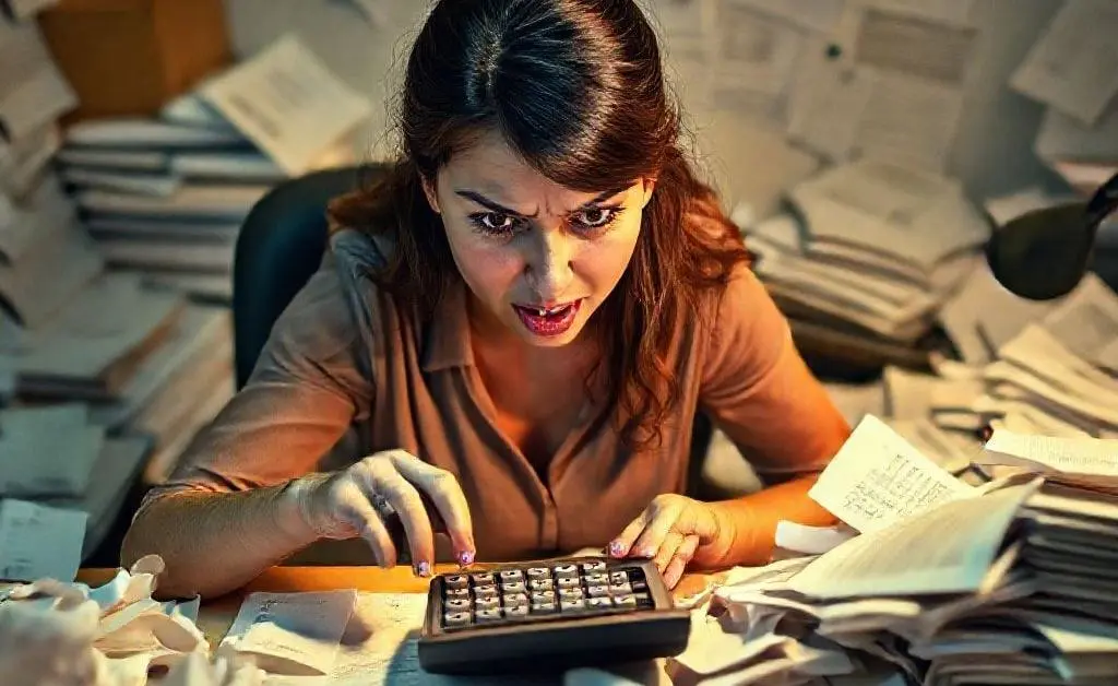 Mia with a calculator, surrounded by receipts and bills