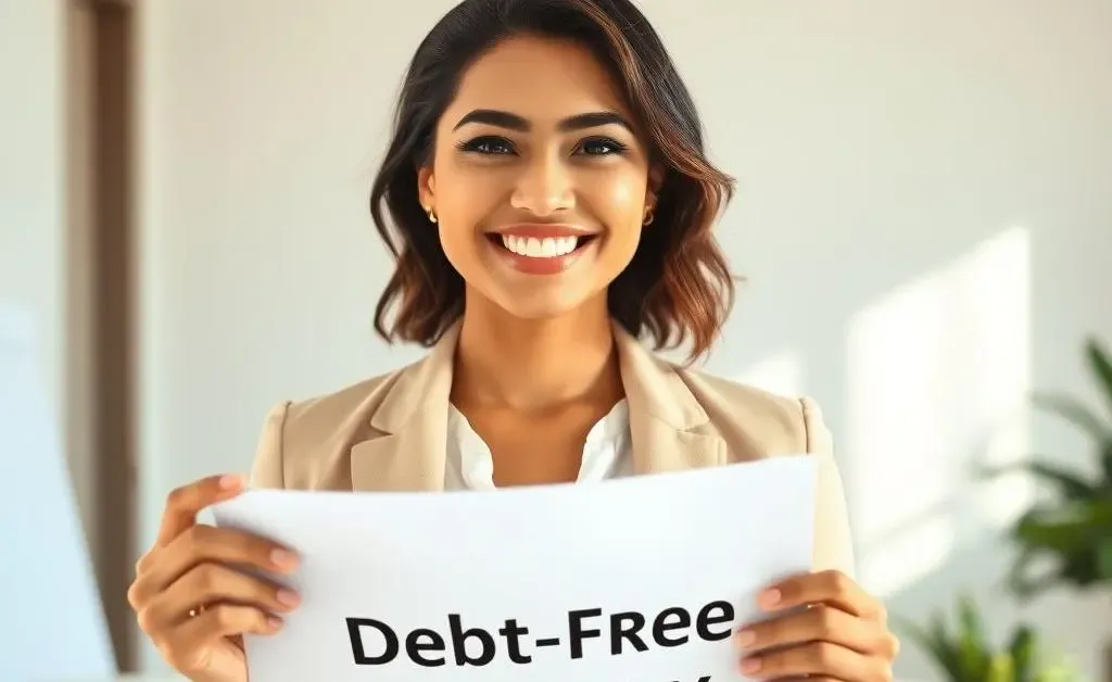 The woman smiling, holding a plan with a labeled 'Debt-Free Strategy'