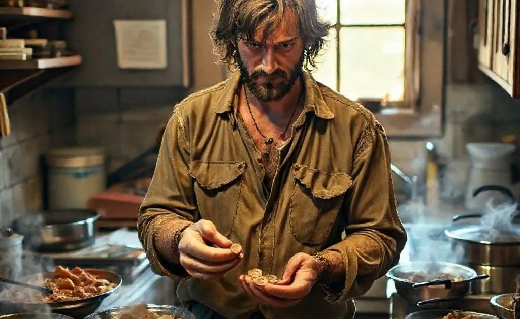 Jamie dressed in scruffy clothes, surrounded by homemade meals, counting coins with determination
