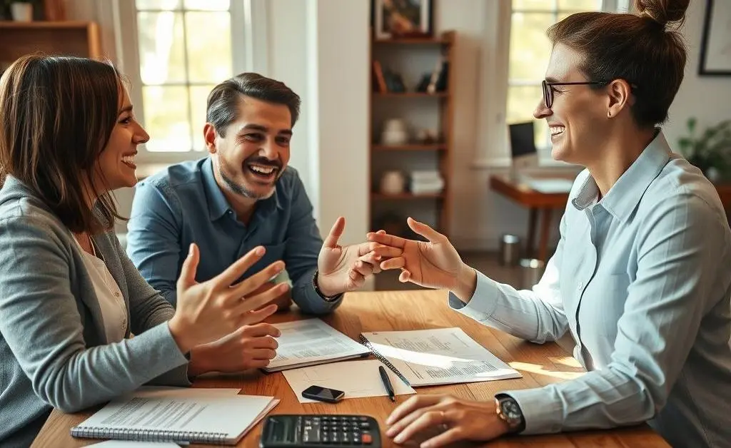 A couple laughing and eating at home with paper lists and calculators