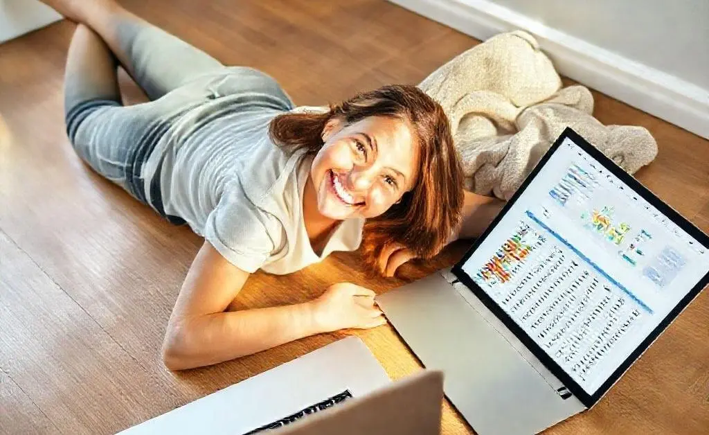 Emma lying on the floor with a smile, a meticulously organized budget displayed on her laptop screen next to her