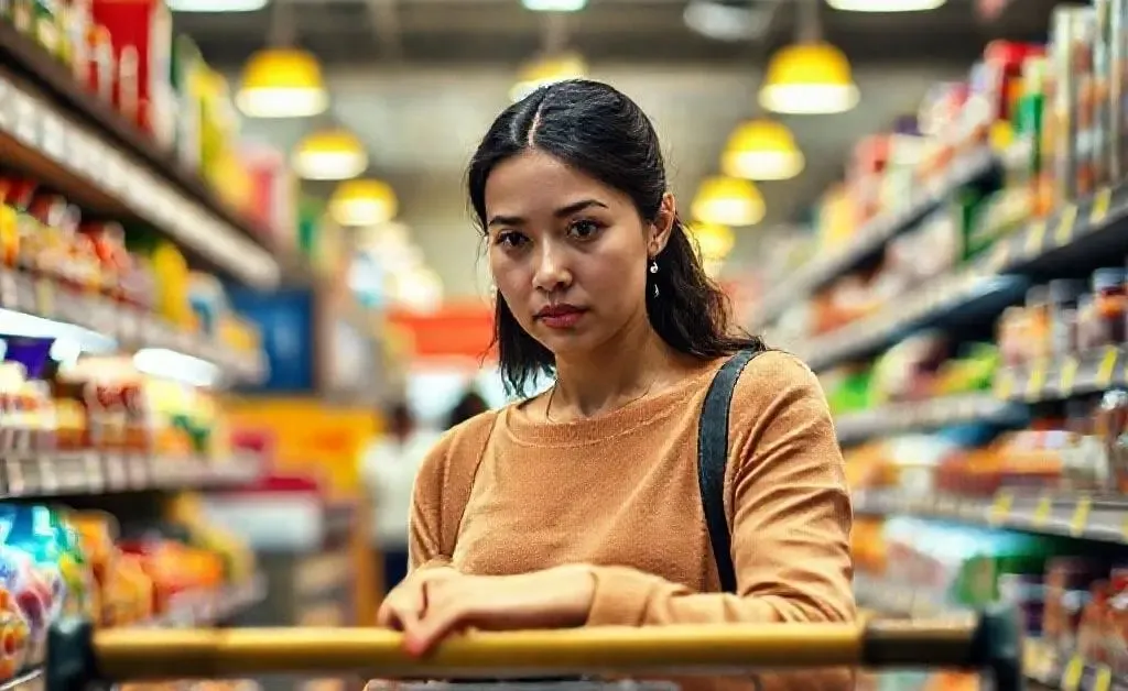 Mia re-evaluating her cart, this time adding items with a thoughtful expression.