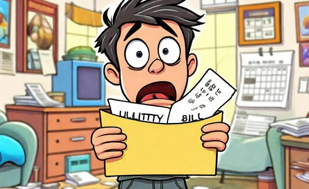 A cartoon character surprised by a forgotten utility bill