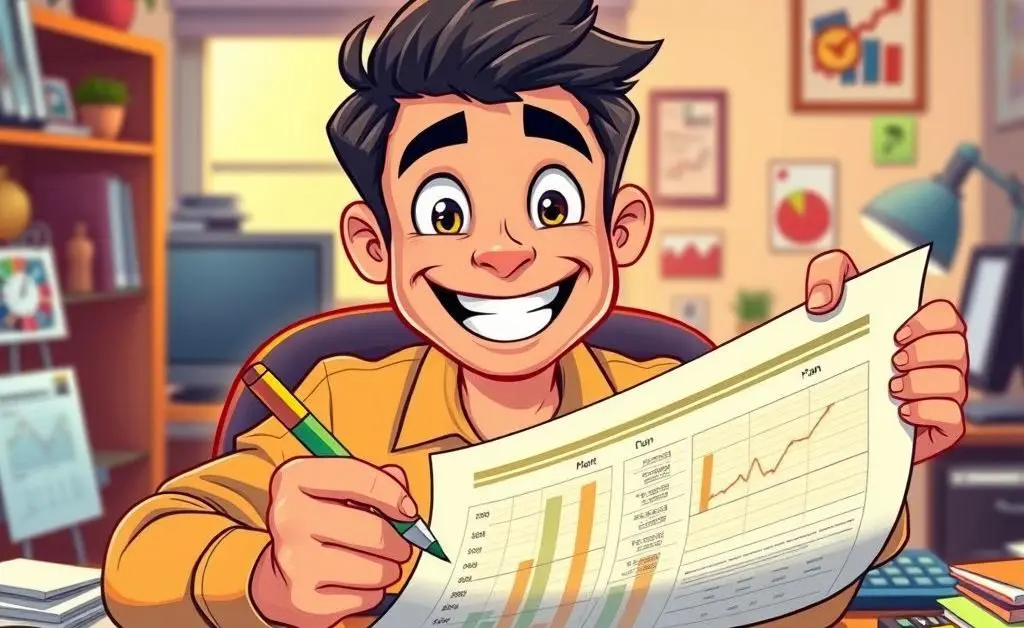 Cartoon man triumphantly writing a budget plan with a determined look