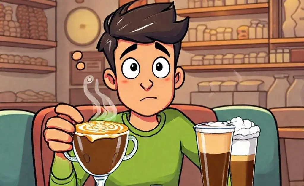 Cartoon of Jake at a cafe, hesitating between an expensive latte and a cheaper option.