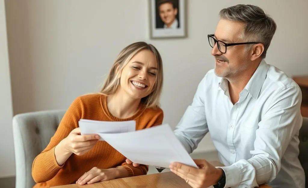 Same couple with a resolved look, holding a budget plan and calendar