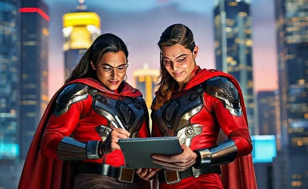 A superhero version of the couple taking notes and feeling confident