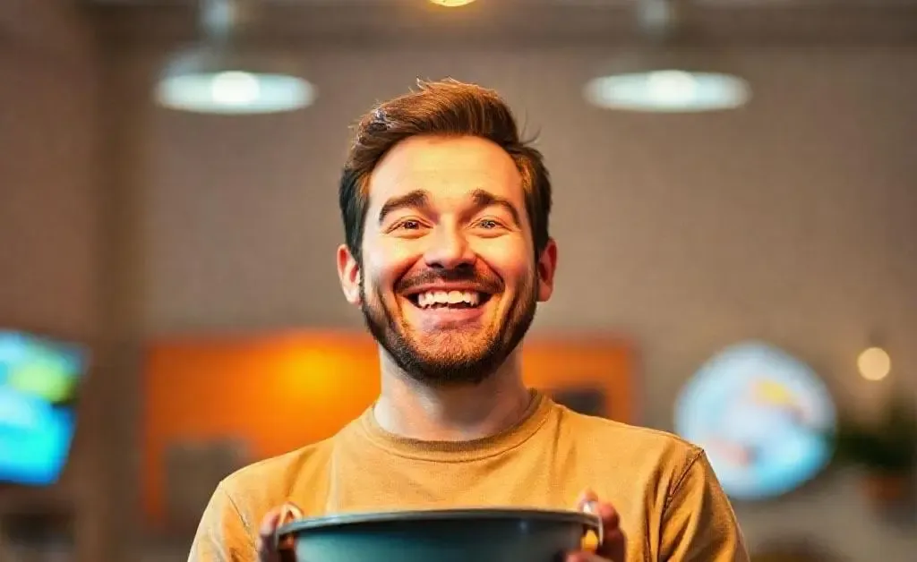 Dan smiling and holding a bucket with a bright idea lightbulb hovering above