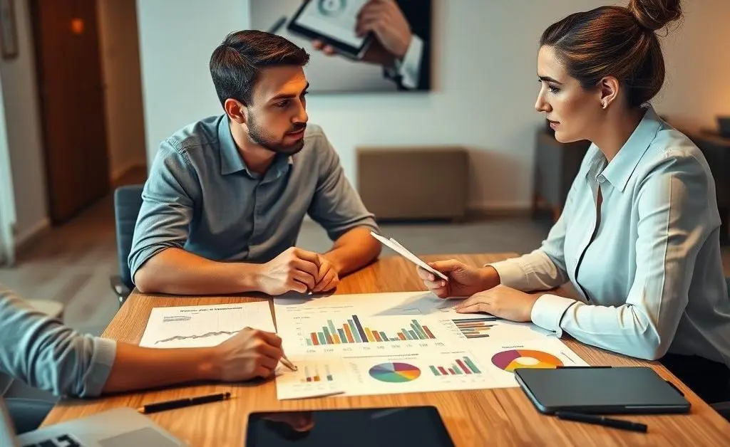 The woman and man strategize, forming a plan with a budget chart in the background