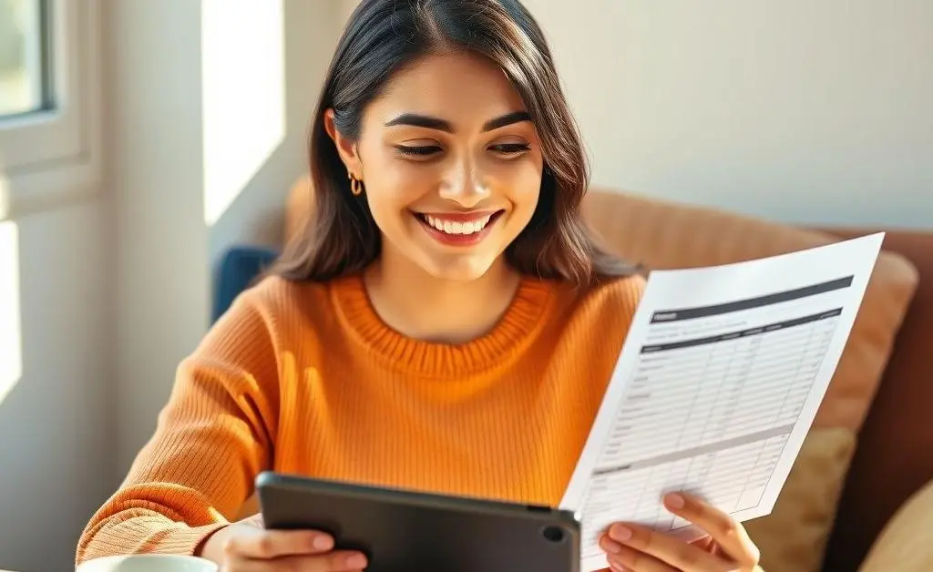 Mia happily checking a new budget plan, feeling hopeful