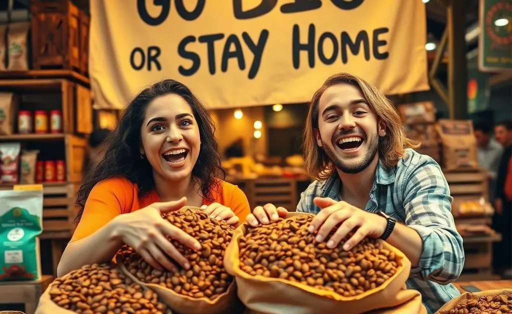 An excited duo buying coffee beans in bulk with a 