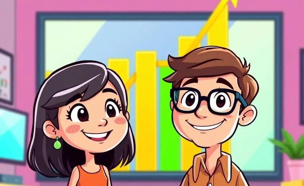 Cartoon figures, Mia and Tom, smiling at a graph with a rising line, representing increasing net worth