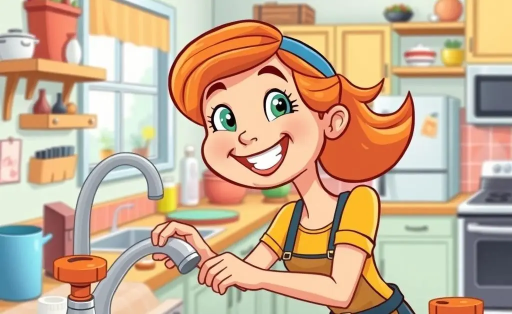 cartoon woman happily fixing her sink with proper tools