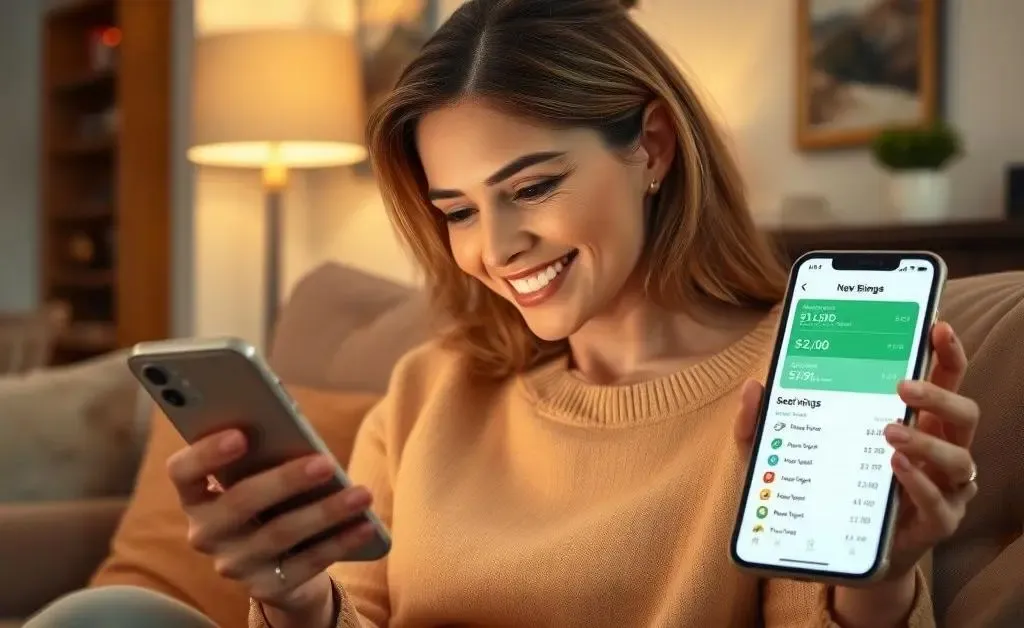 Woman now at home, looking pleased and relaxed, checking her phone with the budgeting app open showing savings