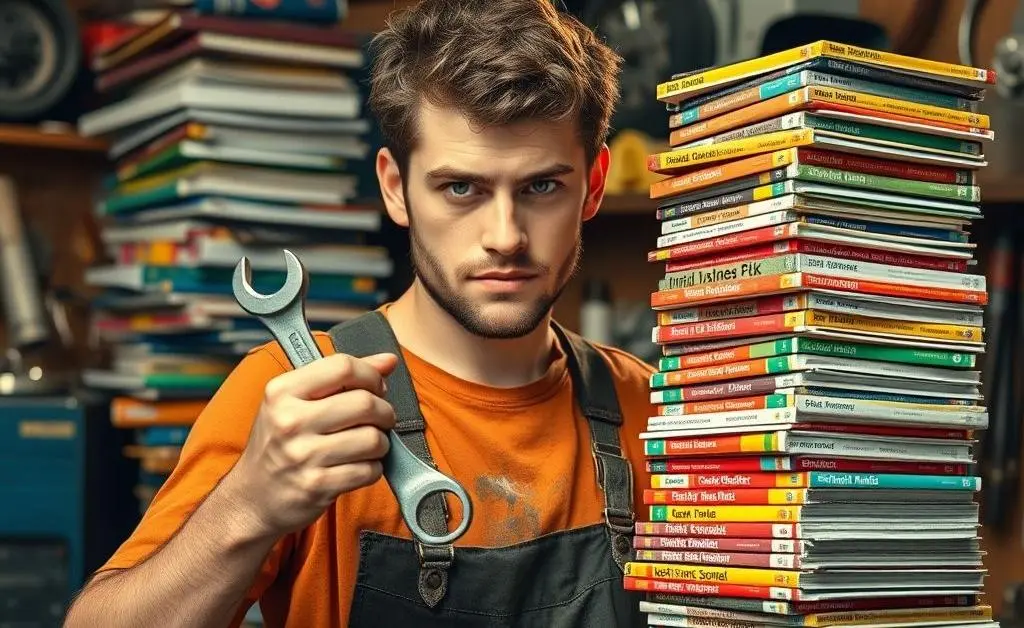 Alex holding a wrench, wearing a determined expression with a stack of DIY manuals
