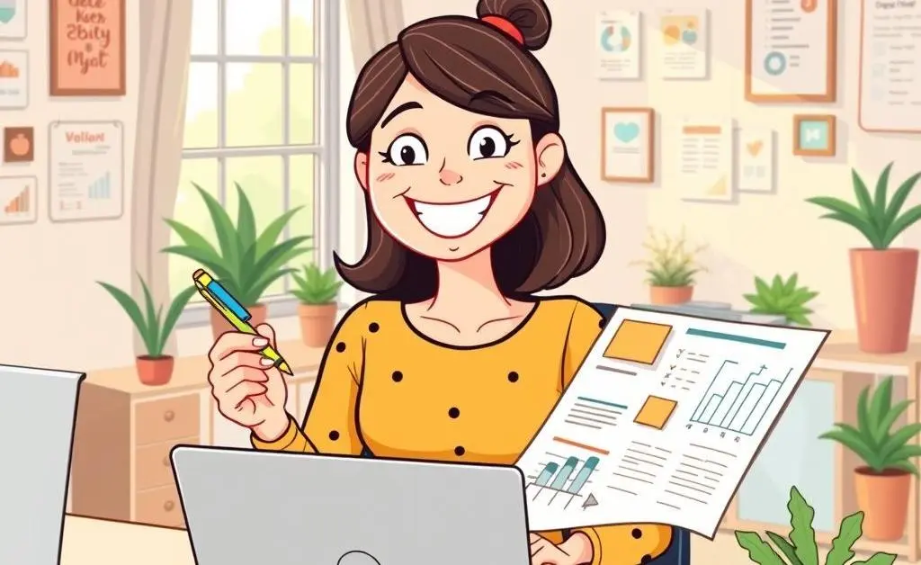 A comedic scene with Sarah now setting a clear budget on her laptop, feeling accomplished and content.
