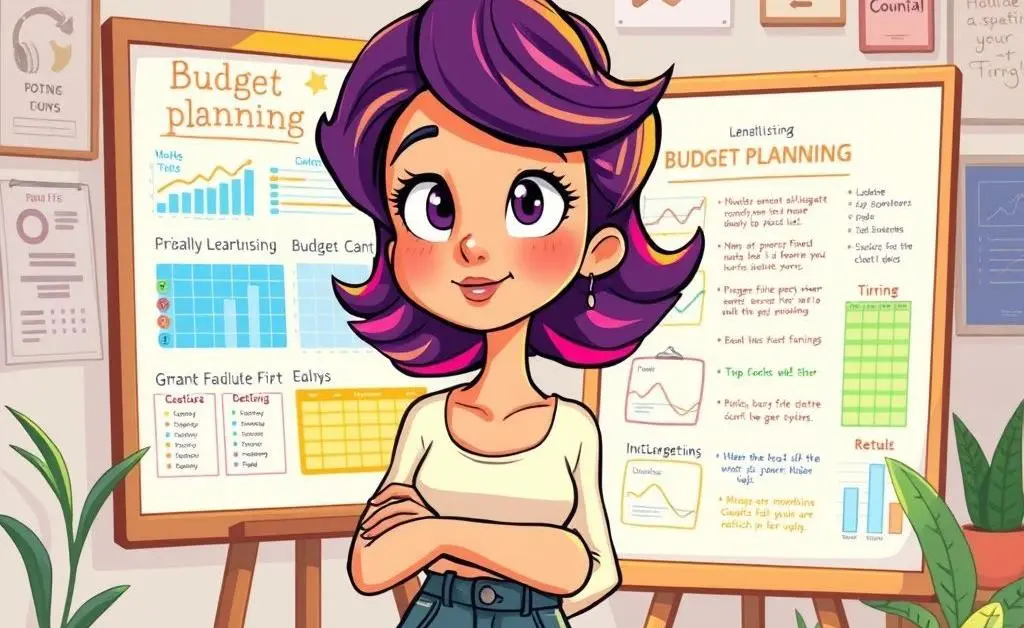 A woman pondering with a thoughtful expression beside a board with budget planning tips