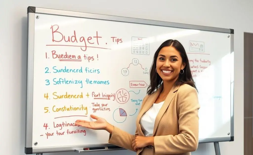 A whiteboard with budgeting tips as Mia stands confidently beside it