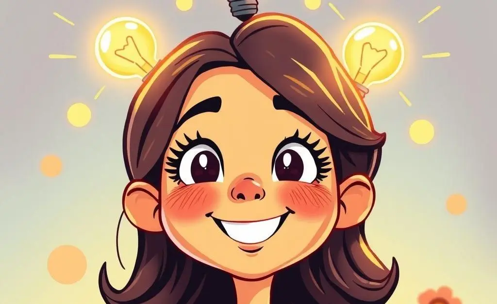 A woman with lightbulbs above her head, signifying an idea
