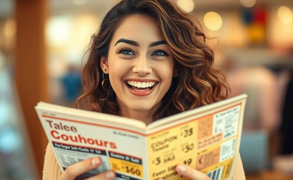 A woman excited over a coupon book
