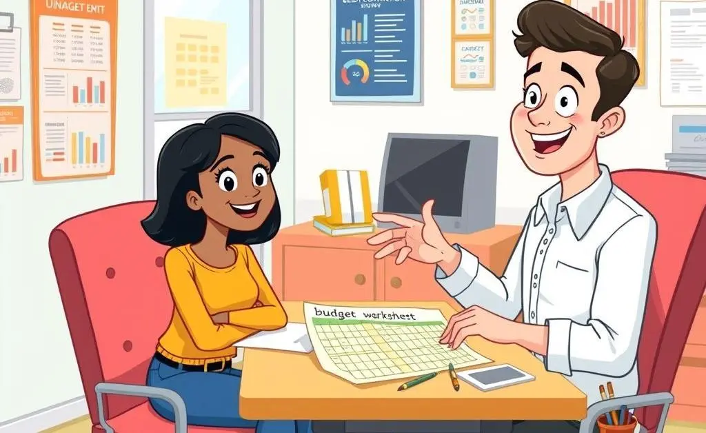 A cartoon image of Mia visiting a financial planner who presents a budget worksheet