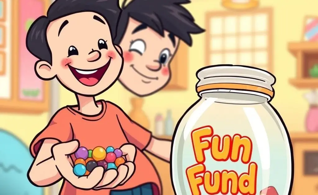 Cartoon of a person switching small treats for a savings jar labeled 'fun fund'