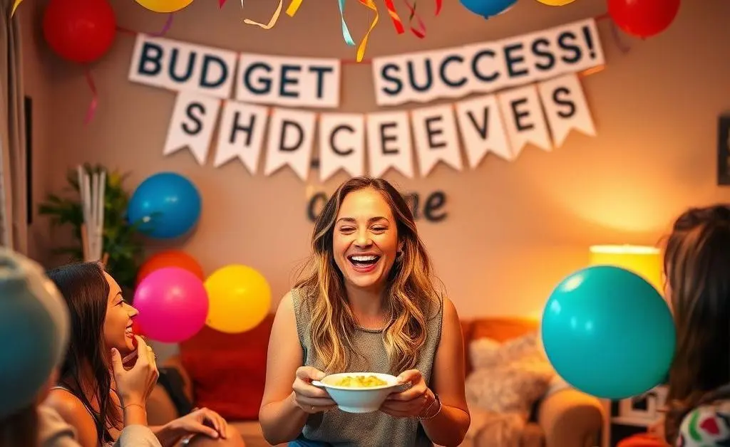 The woman throws a colorful 'Budget Success!' party at home