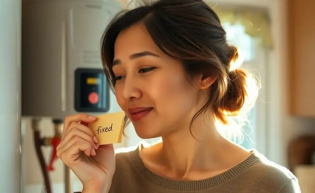 Mia sighing in relief with a 'fixed' note on her water heater