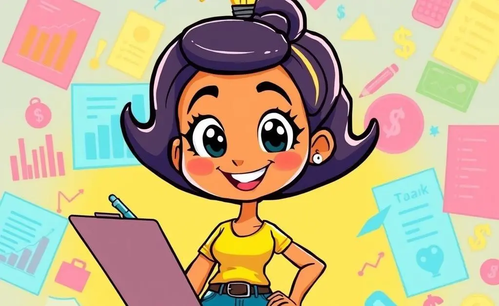 Mia with a lightbulb above her head as she makes a budget plan