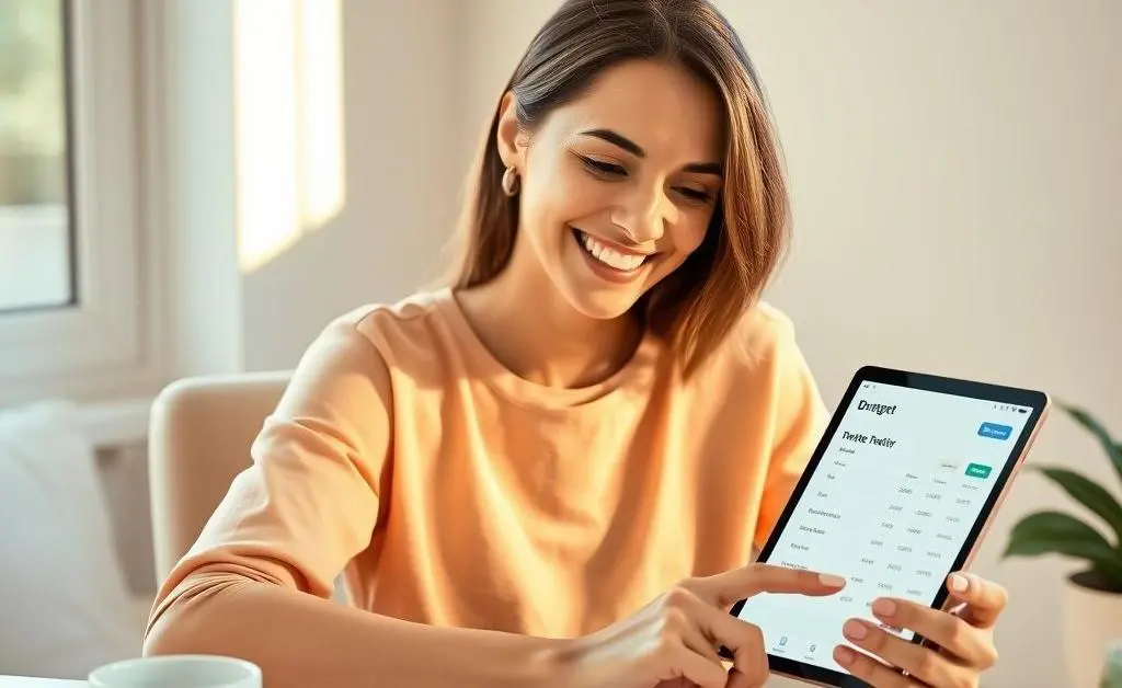 The woman smiling as she organizes her expenses and uses a budgeting app