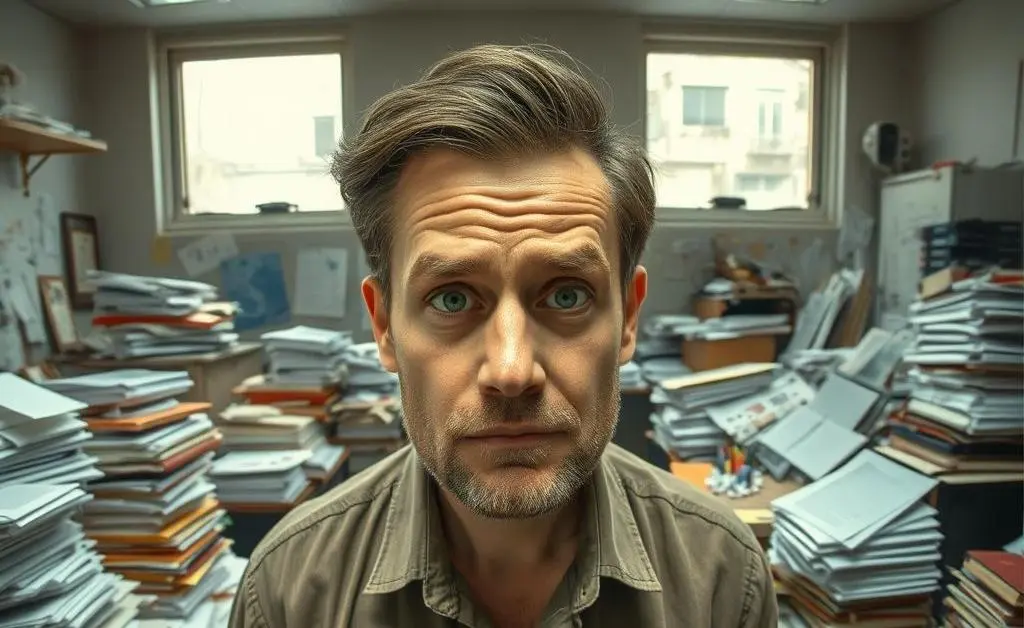 Dave with a perplexed look, surrounded by paperwork and a messy office